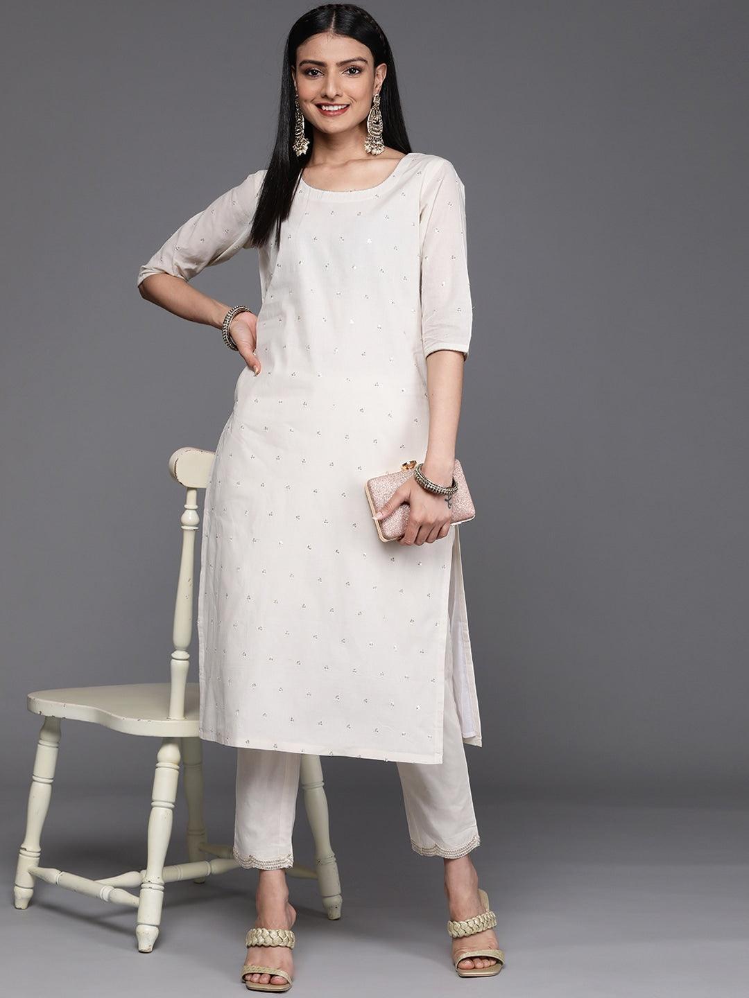 Off White Embellished Cotton Kurta - ShopLibas