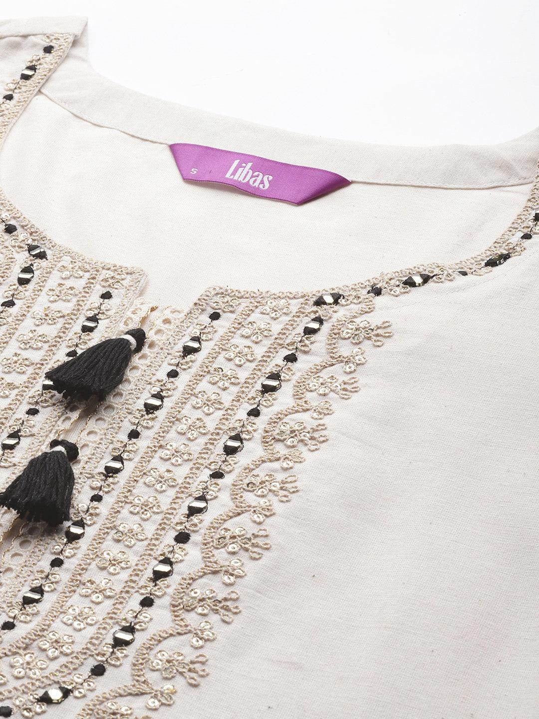 Off White Embellished Cotton Straight Kurta - ShopLibas 