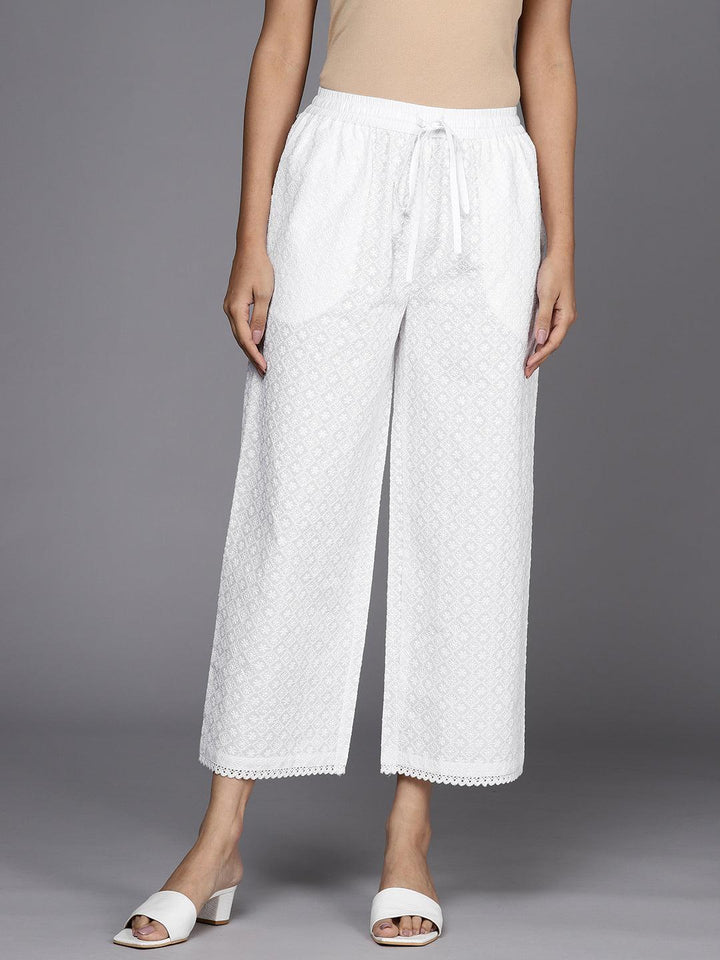 Off White Embroidered Cotton Palazzos - ShopLibas