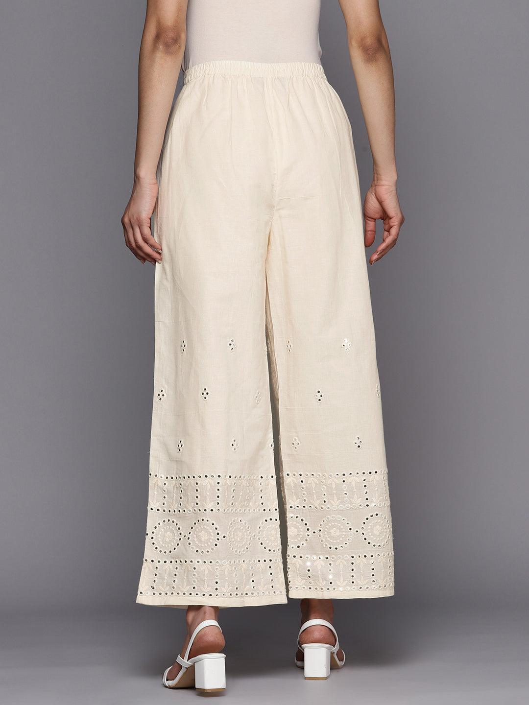 Off White Embroidered Cotton Palazzos - ShopLibas 