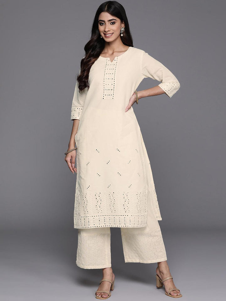 Off White Embroidered Cotton Straight Kurta