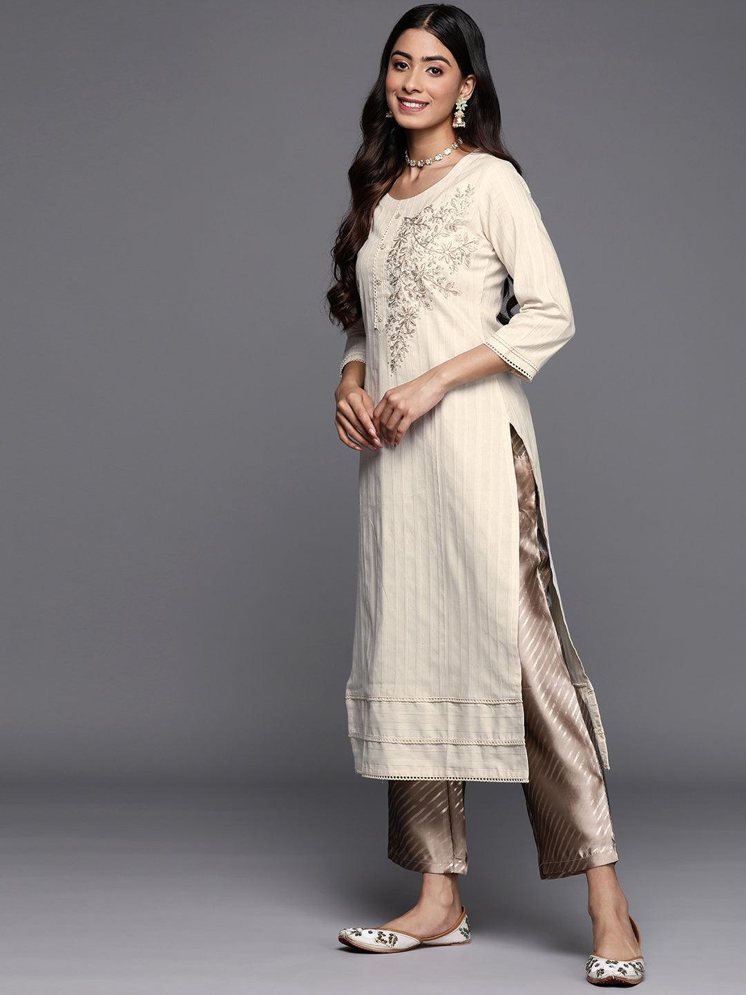 Off White Embroidered Cotton Straight Kurta - ShopLibas 