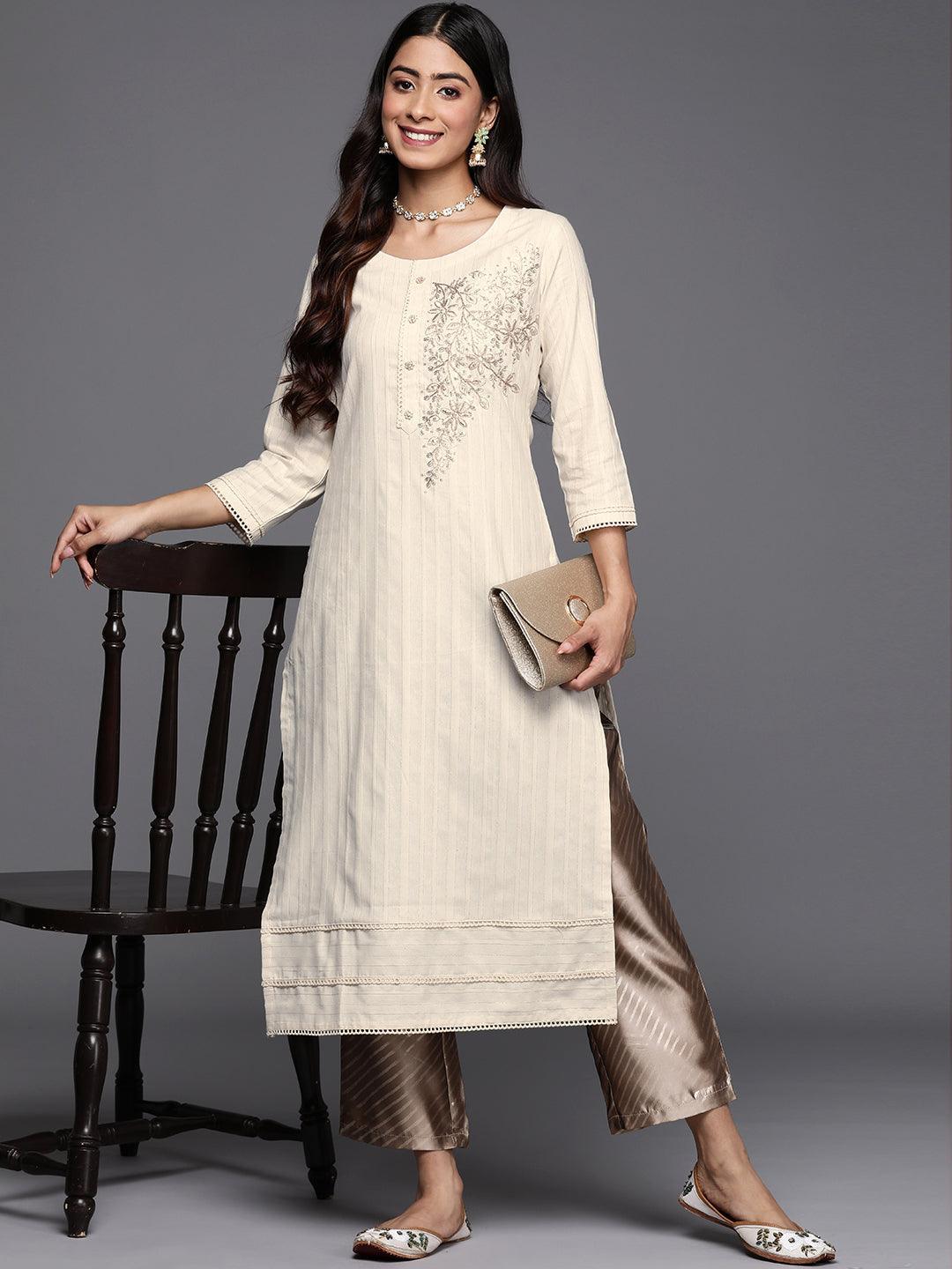 Off White Embroidered Cotton Straight Kurta - ShopLibas 