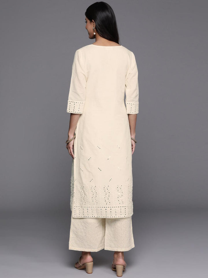Off White Embroidered Cotton Straight Kurta