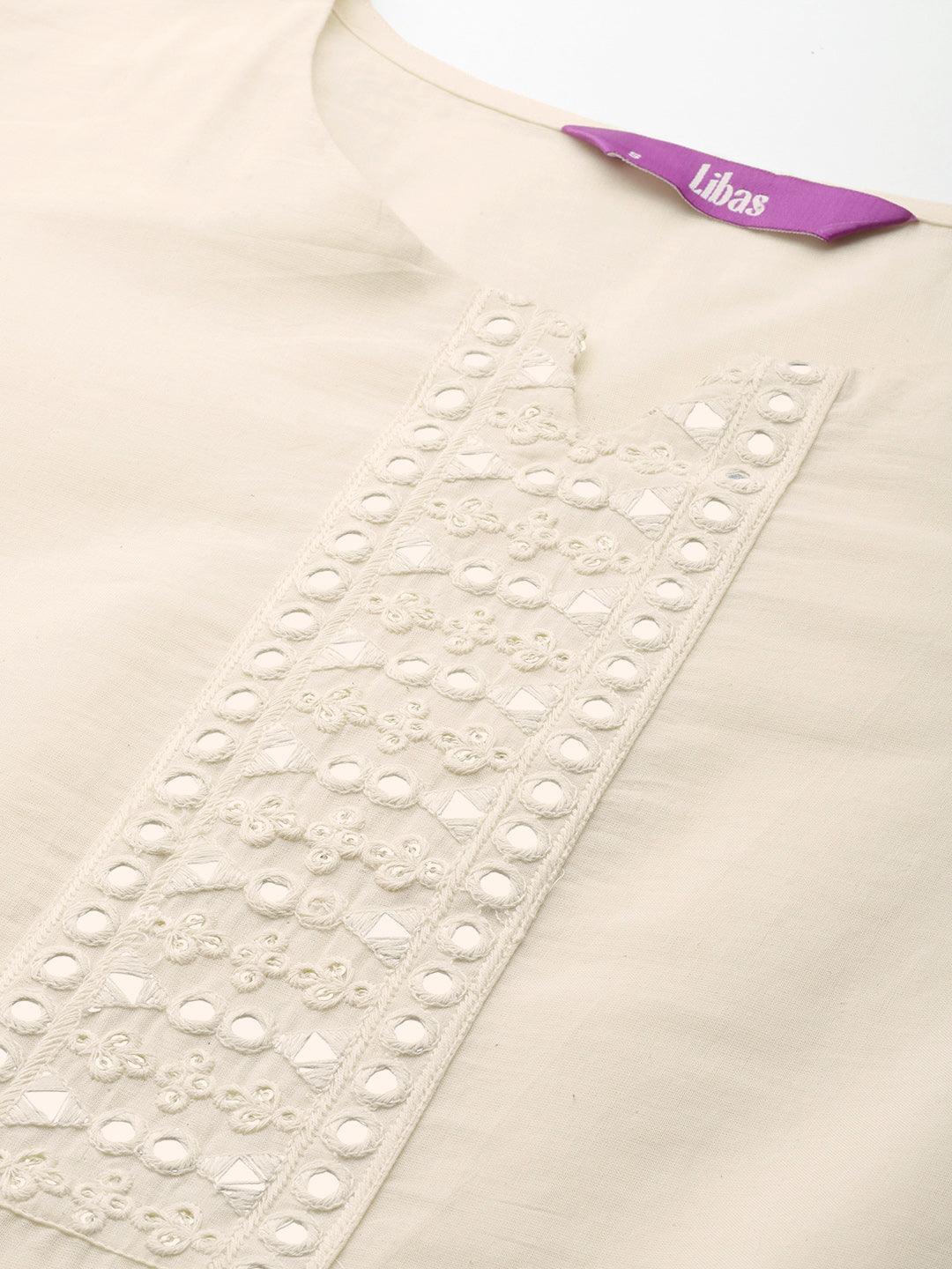 Off White Embroidered Cotton Straight Kurta - Libas 
