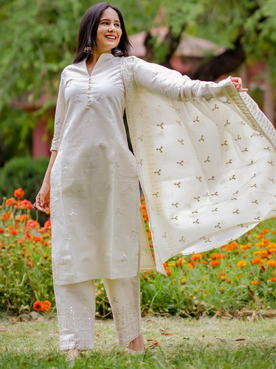 Off White Embroidered Cotton Straight Suit Set With Trousers - ShopLibas