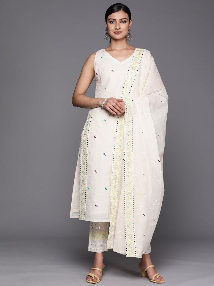 Off White Embroidered Cotton Straight Suit Set With Trousers