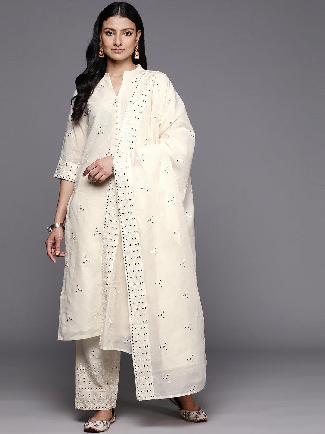 Off White Embroidered Cotton Straight Suit Set With Trousers - ShopLibas 