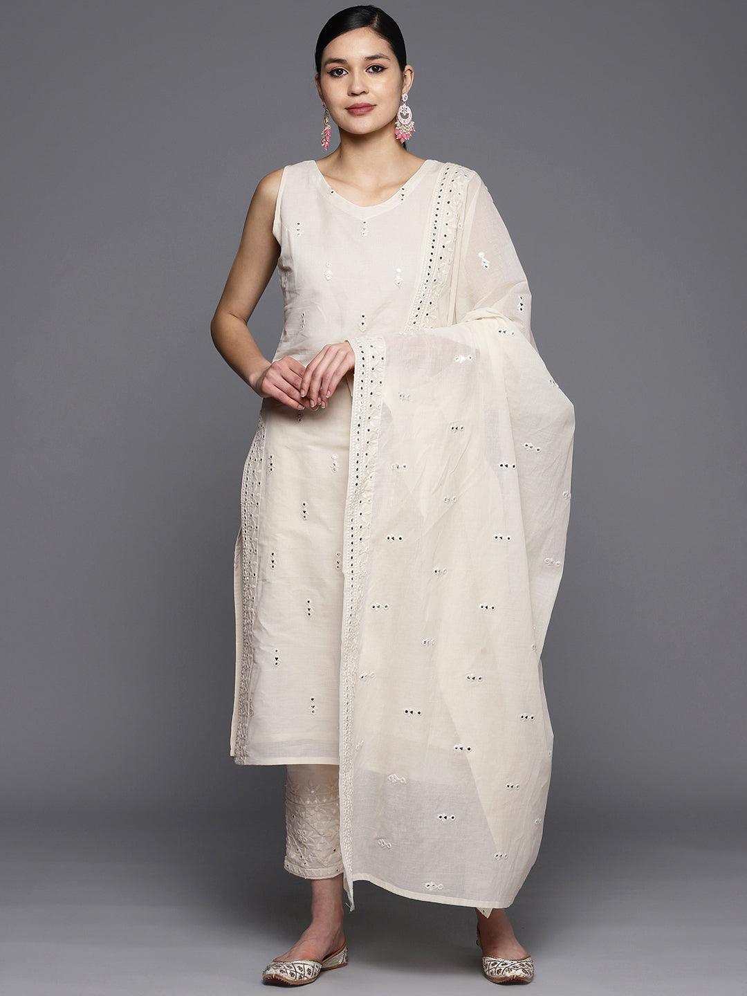 Off White Embroidered Cotton Straight Suit Set With Trousers - ShopLibas