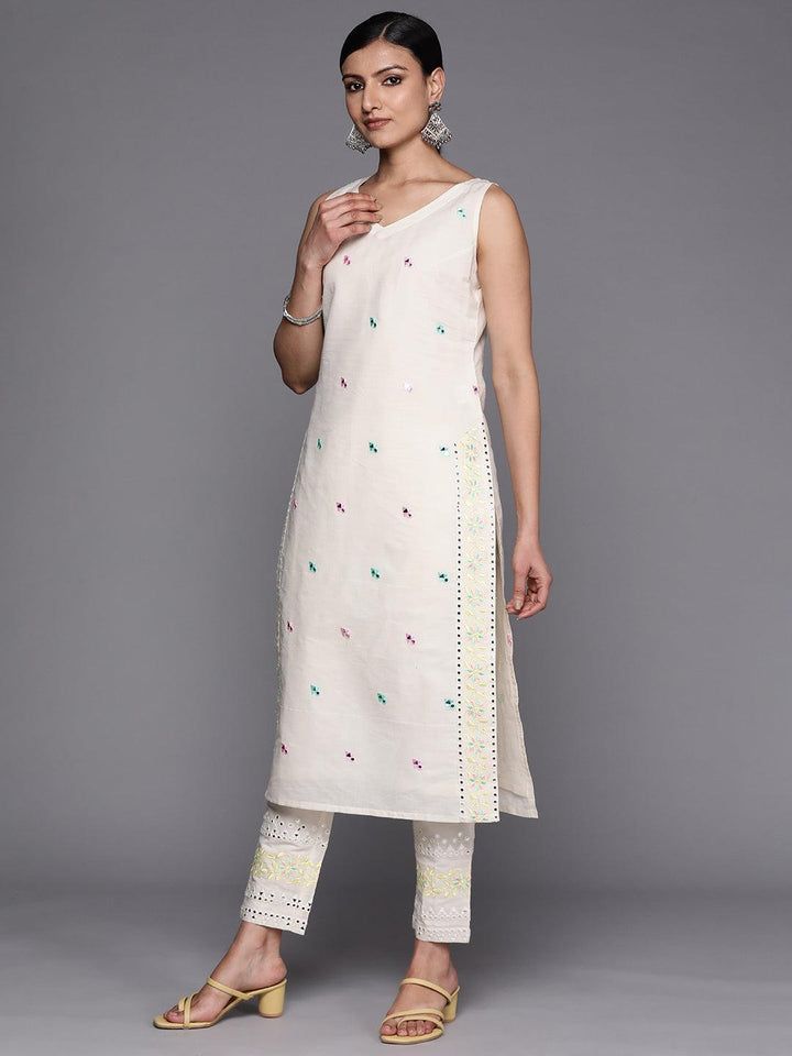 Off White Embroidered Cotton Straight Suit Set With Trousers
