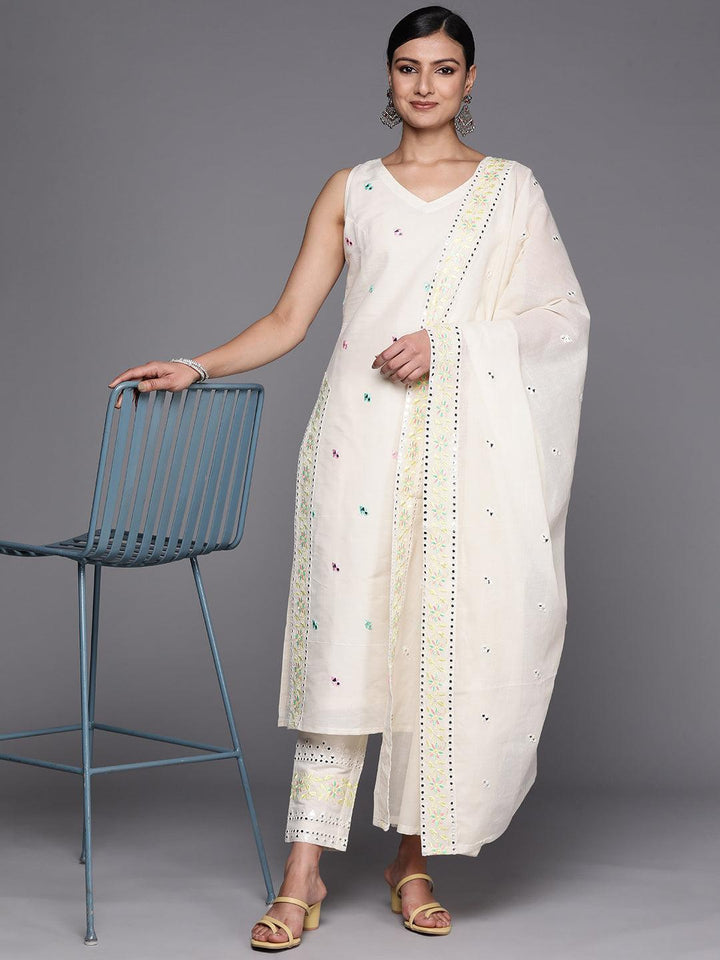 Off White Embroidered Cotton Straight Suit Set With Trousers