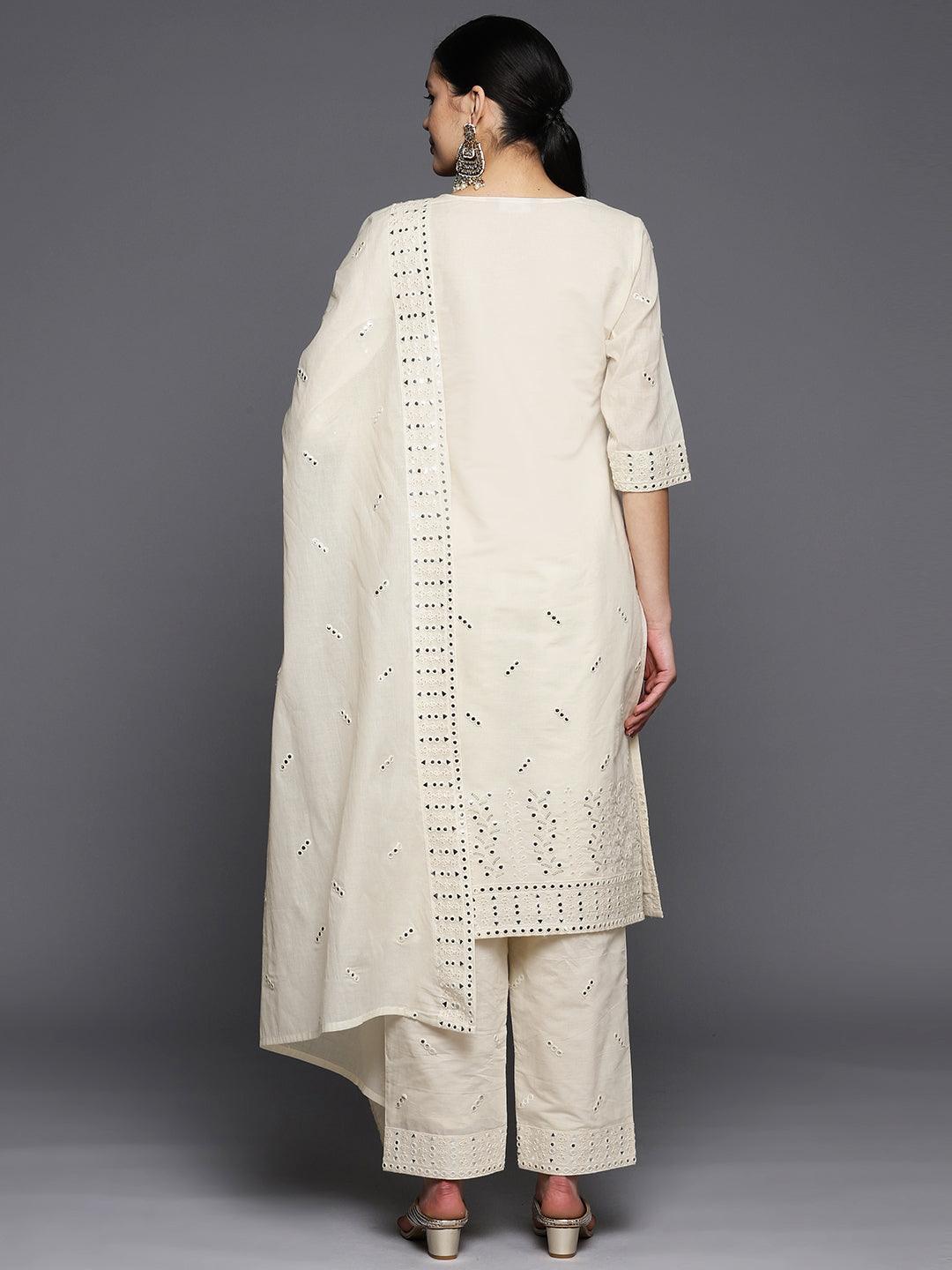 Off White Embroidered Cotton Straight Suit Set With Trousers - ShopLibas 