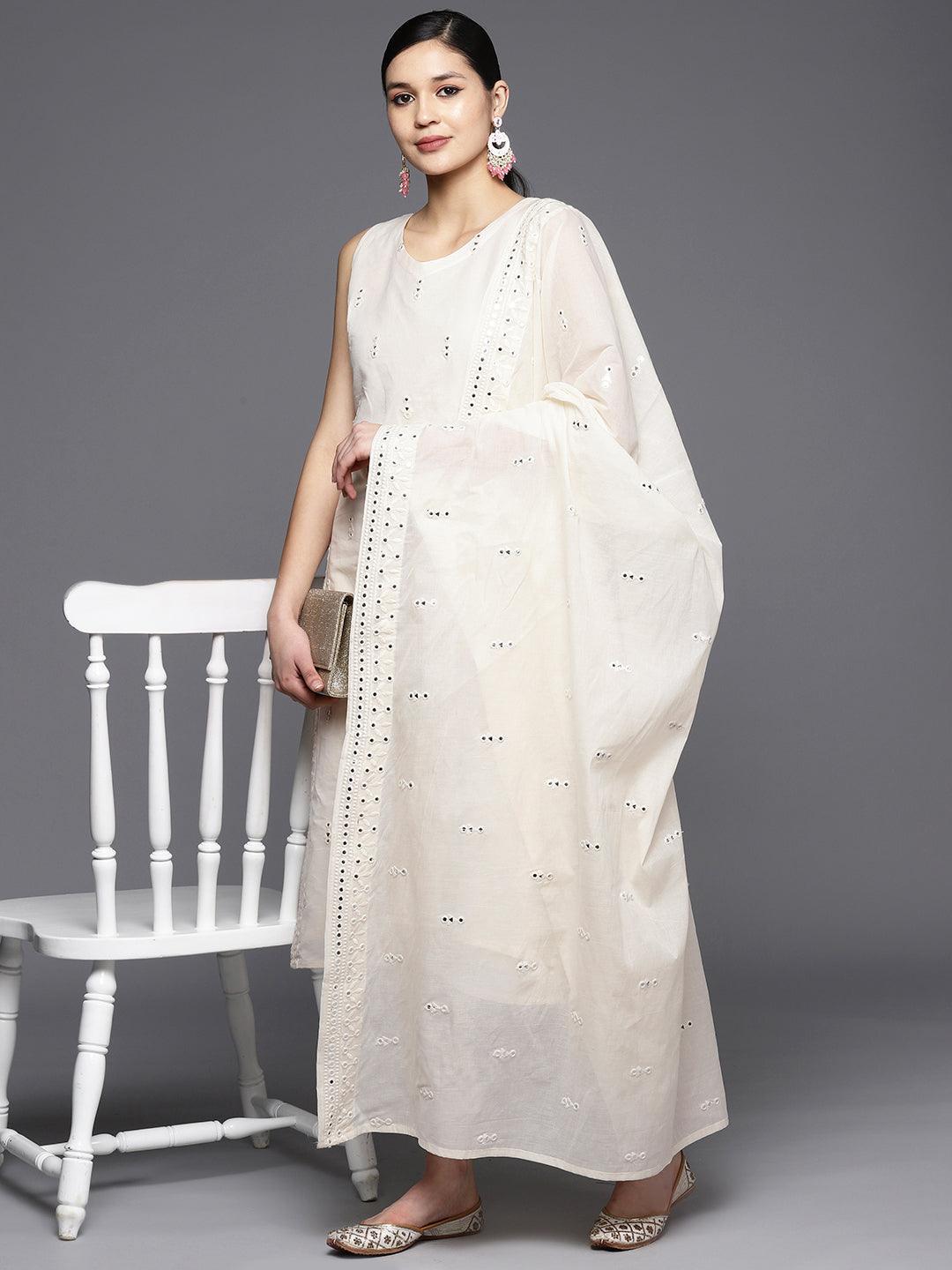 Off White Embroidered Cotton Straight Suit Set With Trousers - ShopLibas