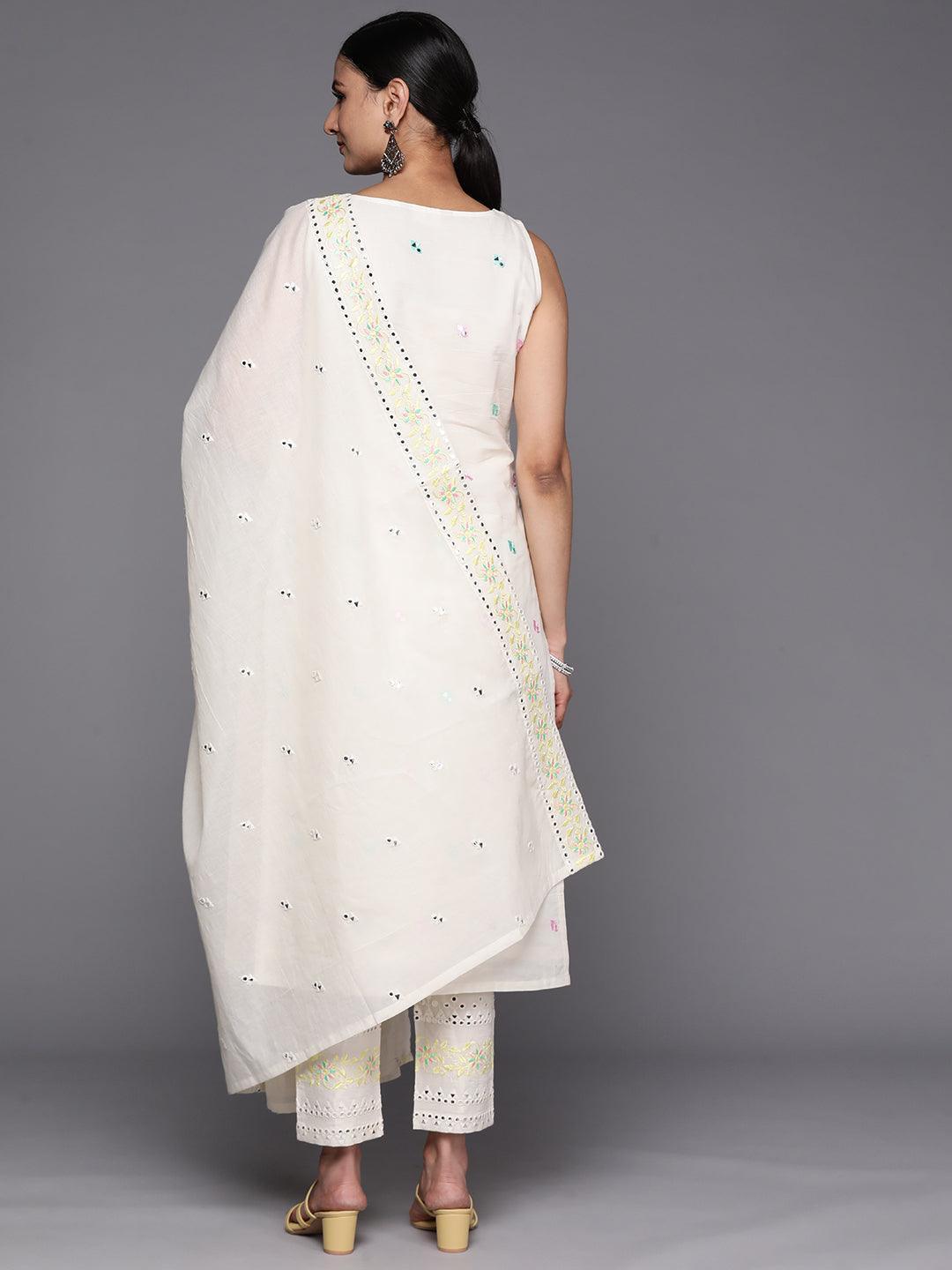 Off White Embroidered Cotton Straight Suit Set With Trousers - ShopLibas 