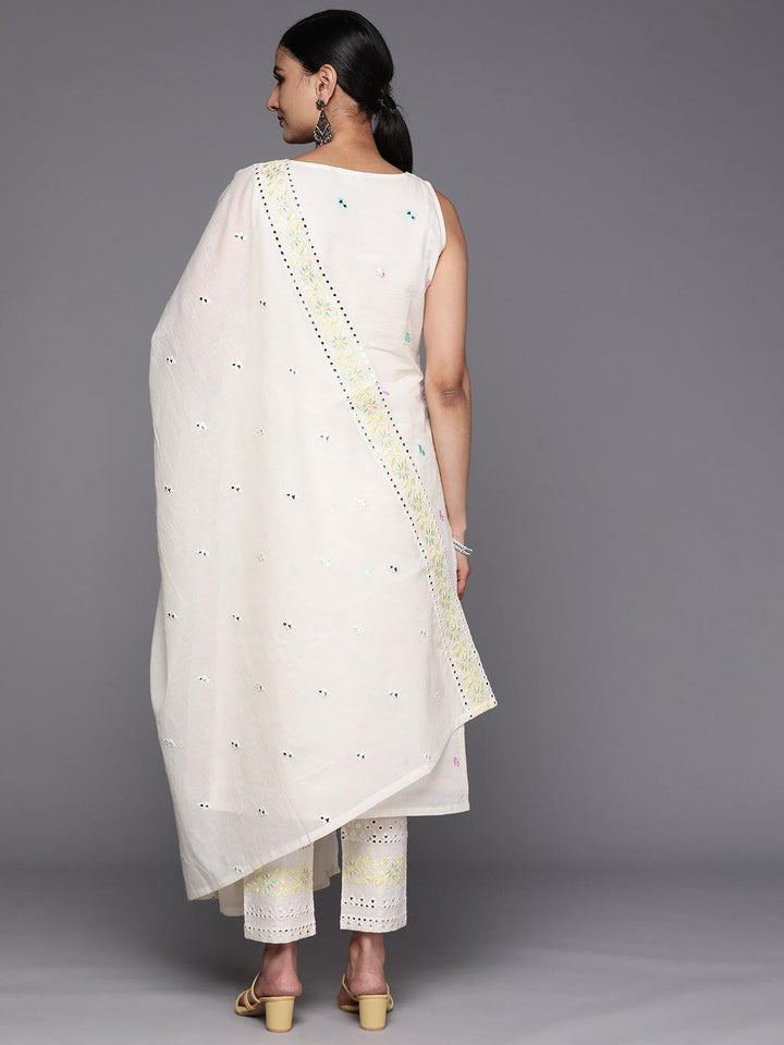 Off White Embroidered Cotton Straight Suit Set With Trousers