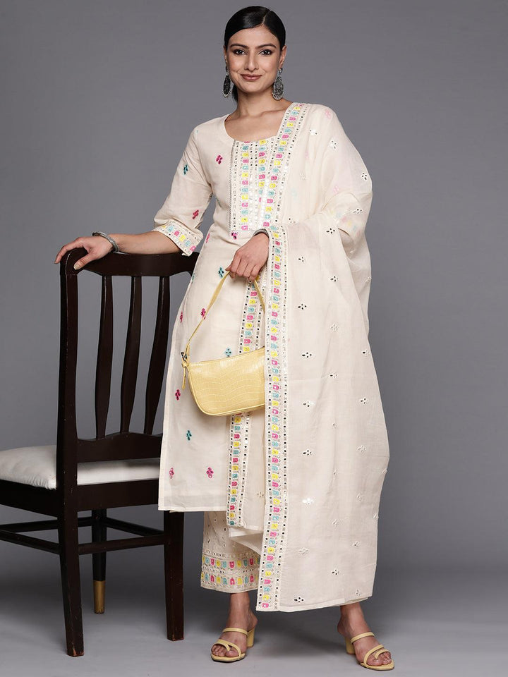 Off White Embroidered Cotton Straight Suit Set With Trousers