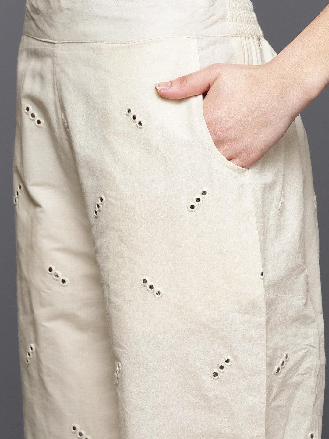 Off White Embroidered Cotton Straight Suit Set With Trousers - ShopLibas 