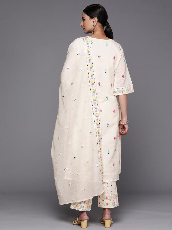 Off White Embroidered Cotton Straight Suit Set With Trousers