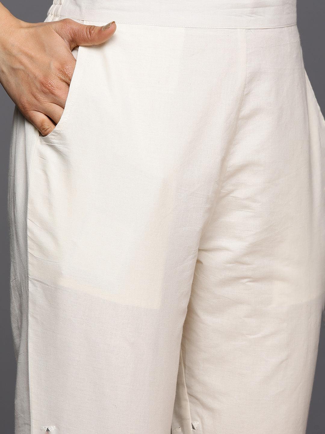 Off White Embroidered Cotton Straight Suit Set With Trousers - ShopLibas 