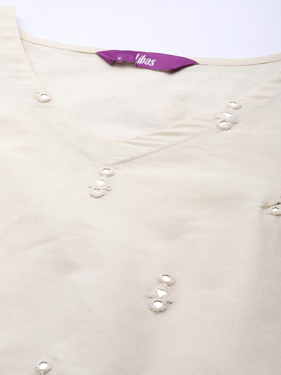 Off White Embroidered Cotton Straight Suit Set With Trousers - ShopLibas