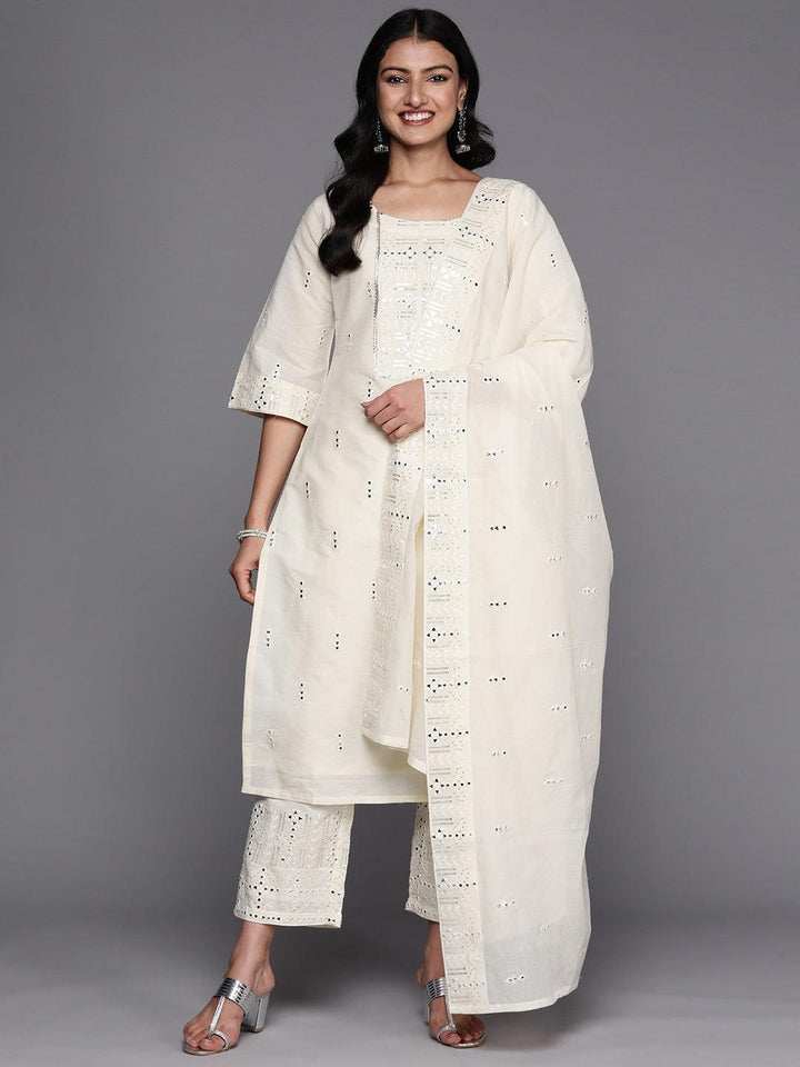 Off White Embroidered Cotton Straight Suit Set With Palazzos