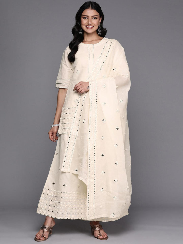 Off White Embroidered Cotton Straight Suit Set With Palazzos