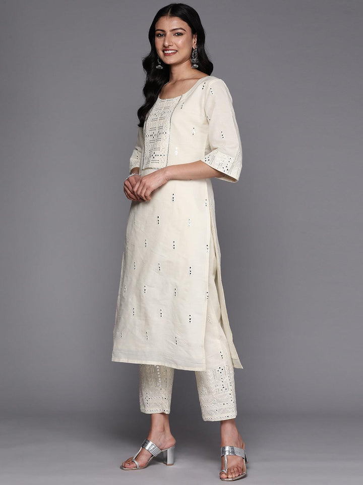 Off White Embroidered Cotton Straight Suit Set With Palazzos