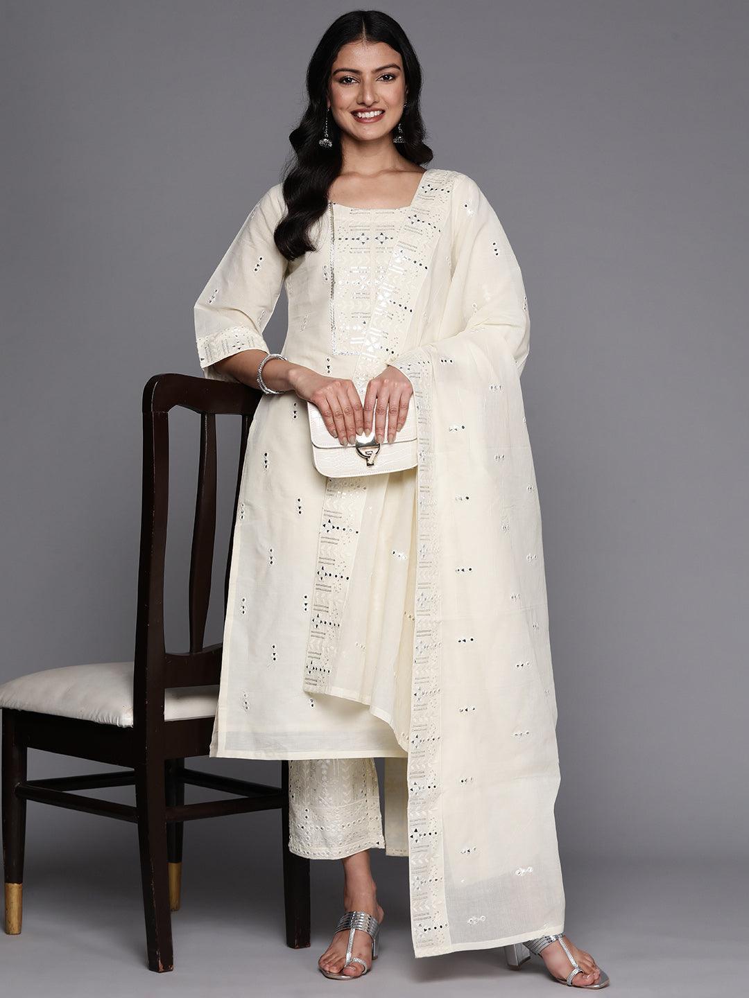 Off White Embroidered Cotton Straight Suit Set With Palazzos - ShopLibas 