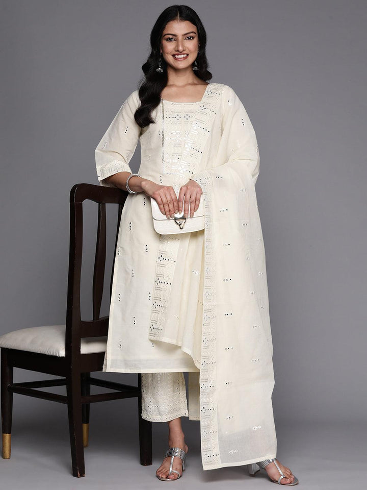 Off White Embroidered Cotton Straight Suit Set With Palazzos