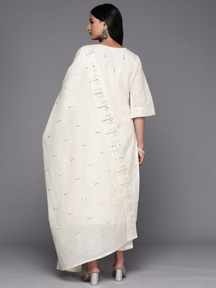 Off White Embroidered Cotton Straight Suit Set With Palazzos
