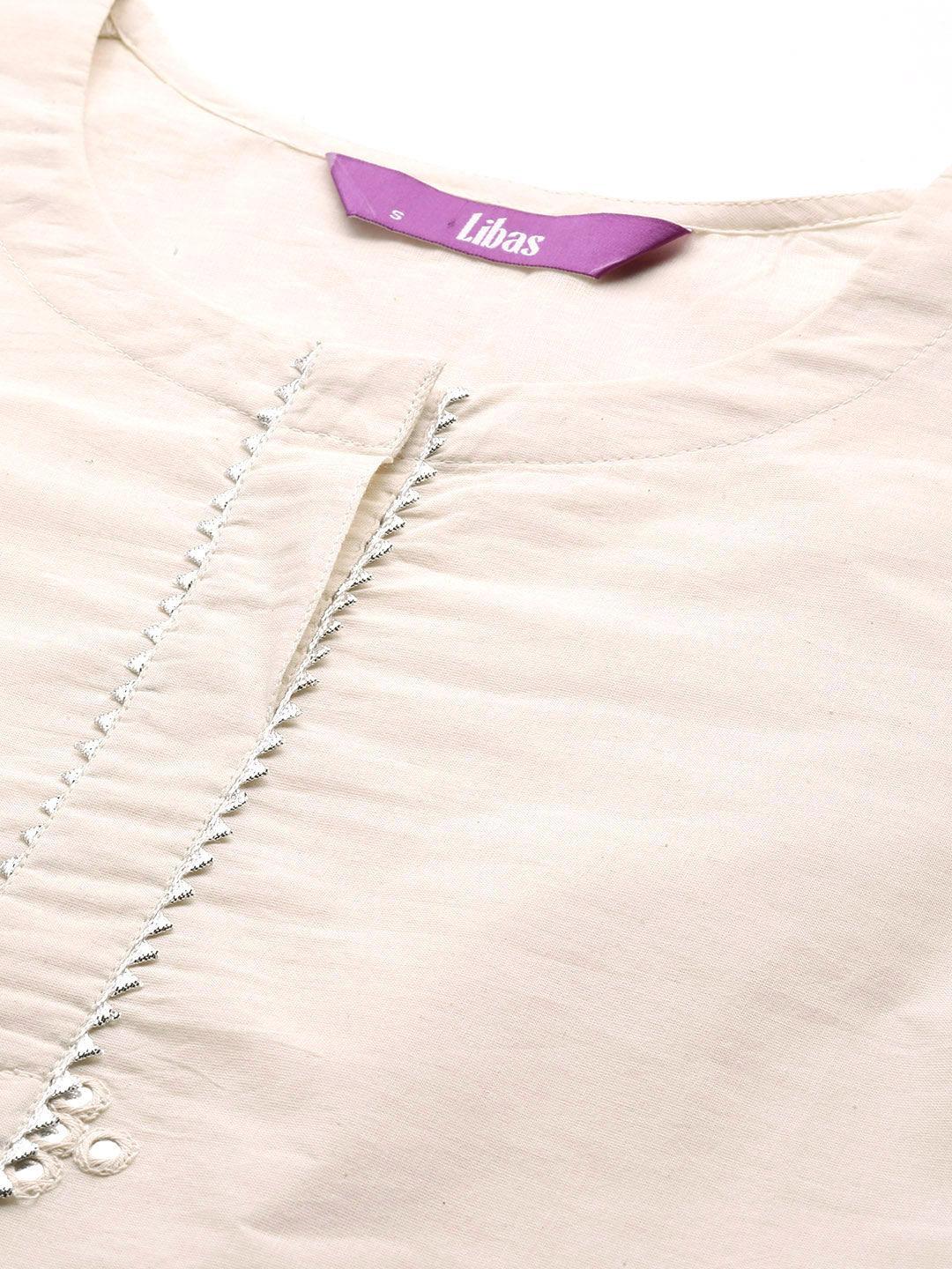 Off White Embroidered Cotton Straight Suit Set With Palazzos - ShopLibas 