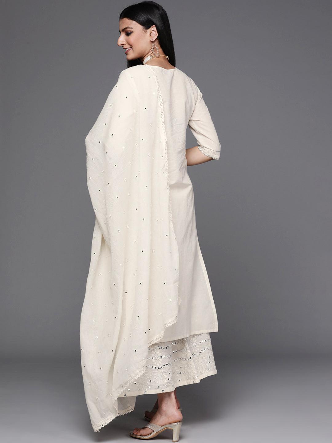 Off White Embroidered Cotton Suit Set - ShopLibas
