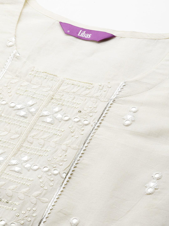 Off White Embroidered Cotton Straight Suit Set With Palazzos