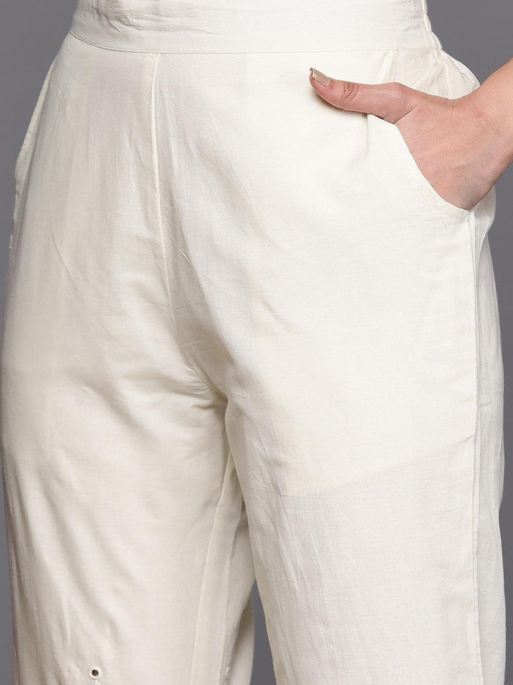Off White Embroidered Cotton Straight Suit Set With Palazzos