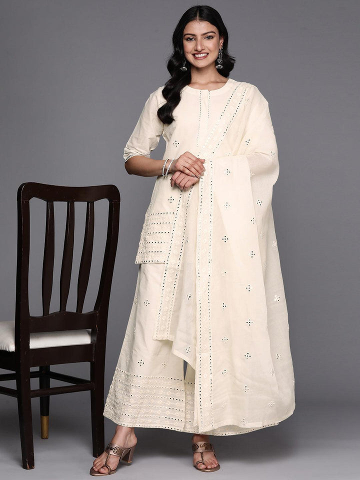 Off White Embroidered Cotton Straight Suit Set With Palazzos