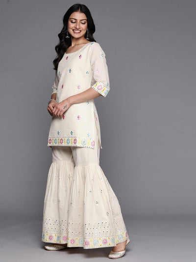 Off White Embroidered Cotton Straight Suit Set With Sharara - ShopLibas