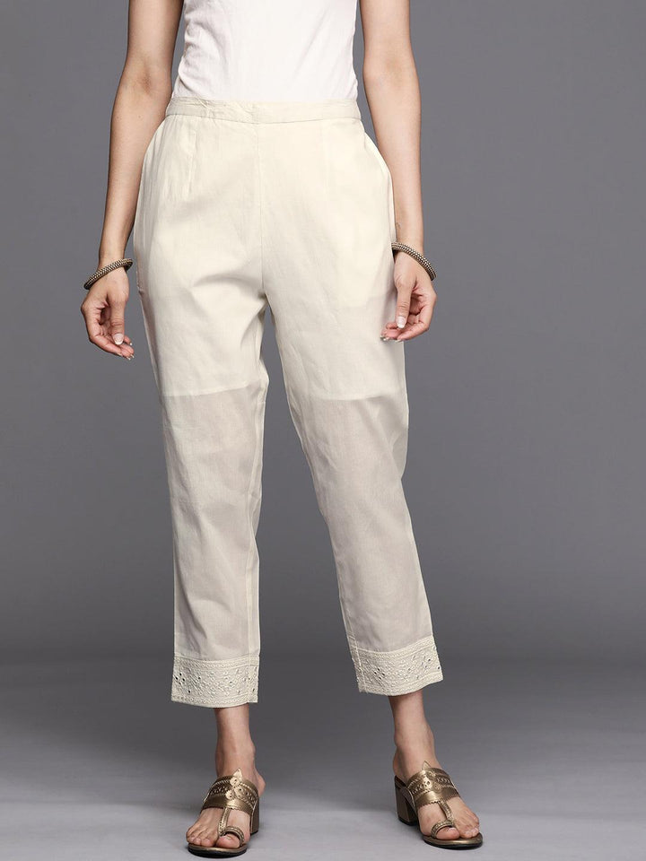 Off White Embroidered Cotton Trousers