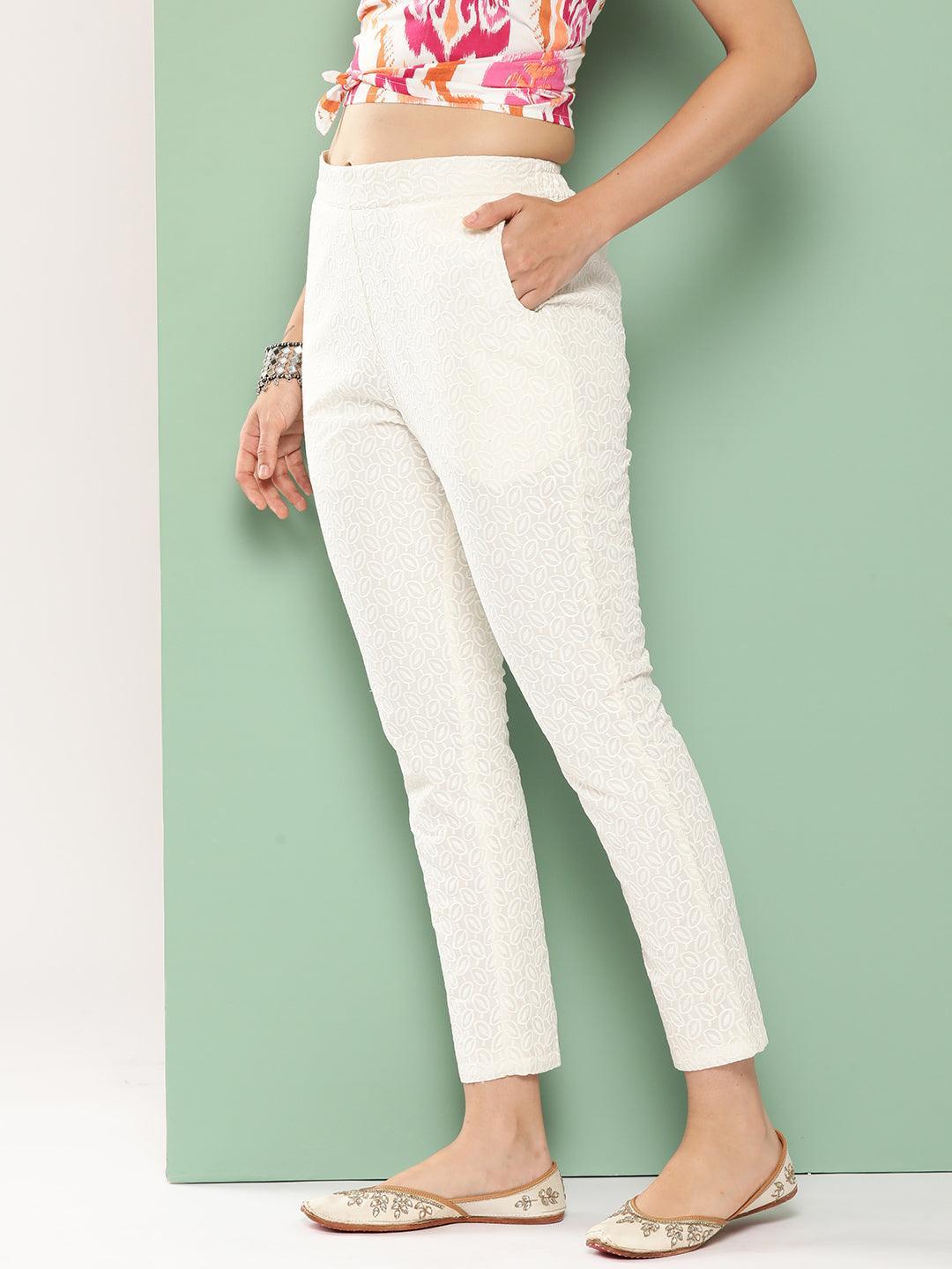 Off White Embroidered Cotton Trousers - Libas 