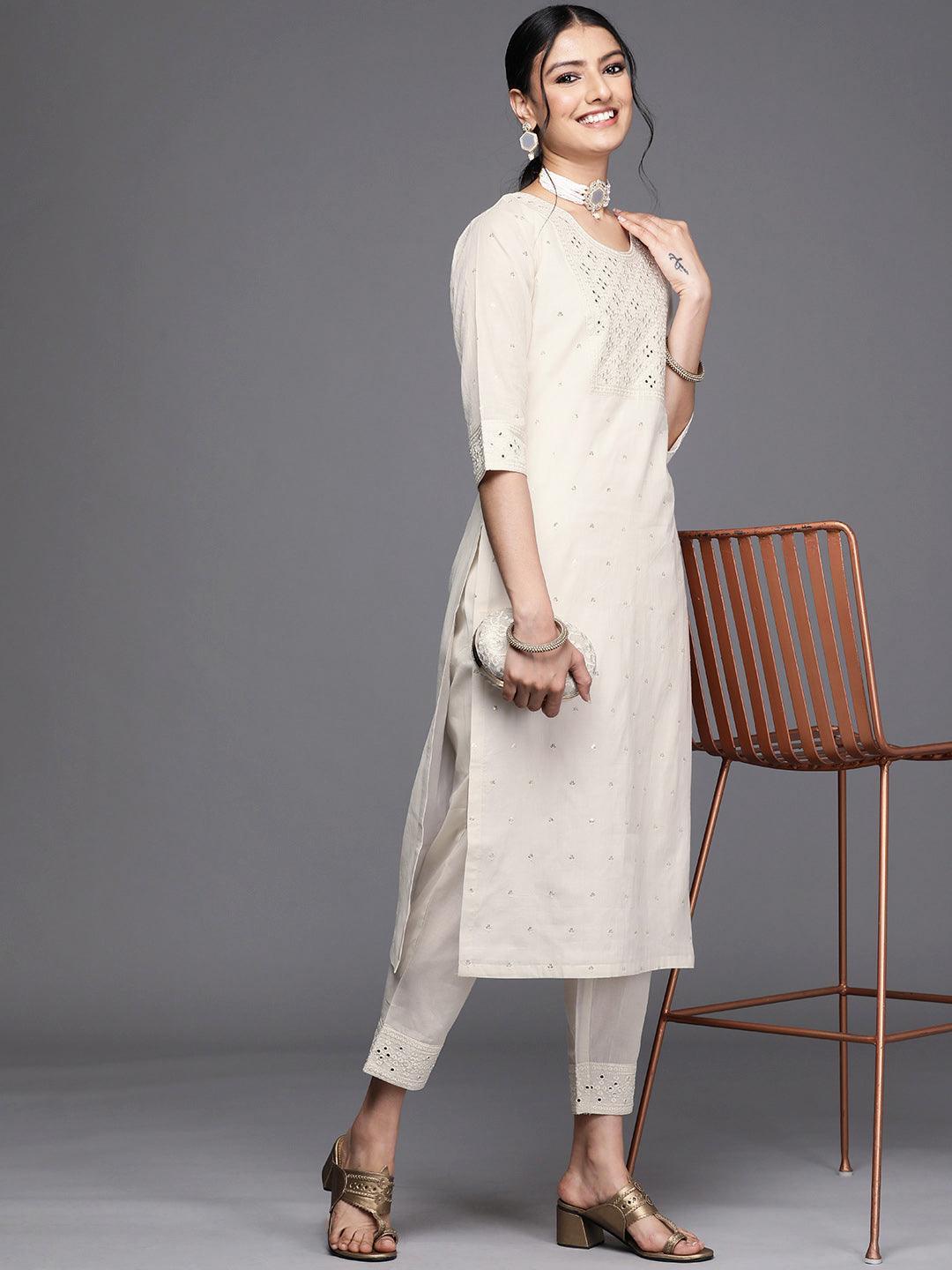 Off White Embroidered Cotton Trousers - ShopLibas 