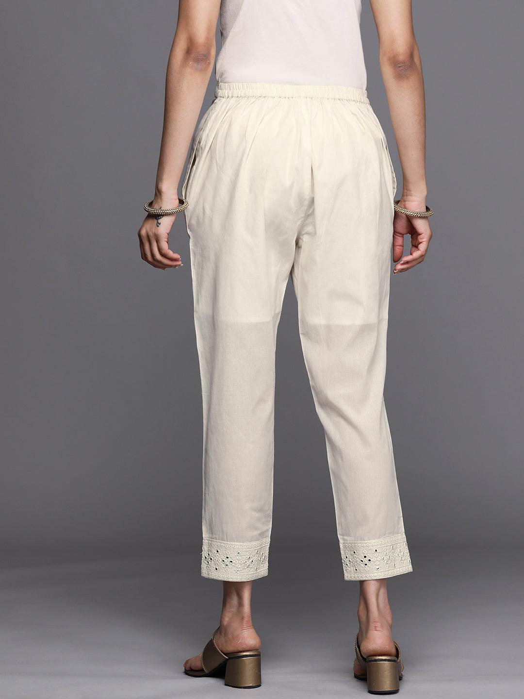 Off White Embroidered Cotton Trousers - ShopLibas 