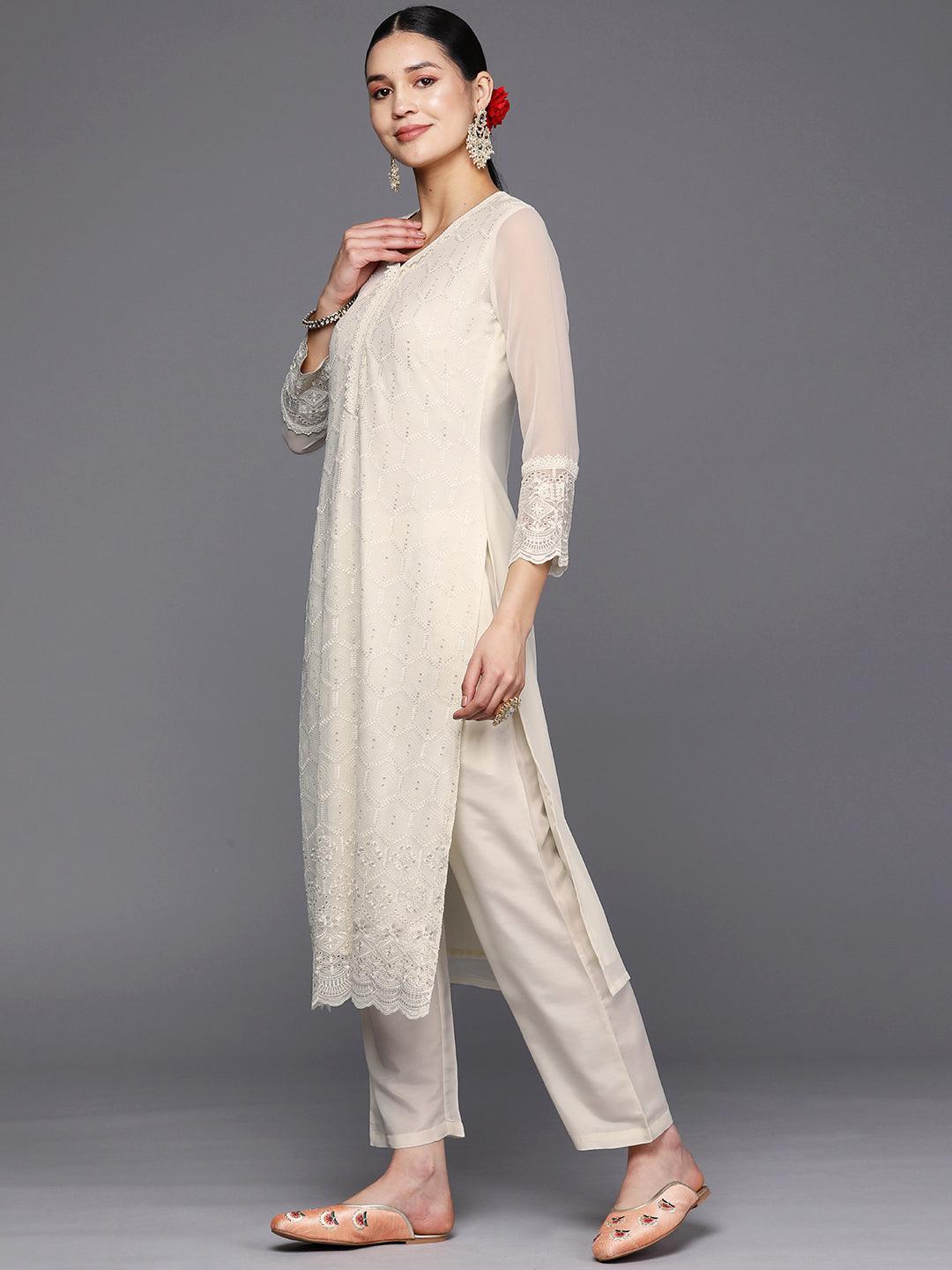 Off White Embroidered Georgette Straight Suit Set With Trousers - ShopLibas 