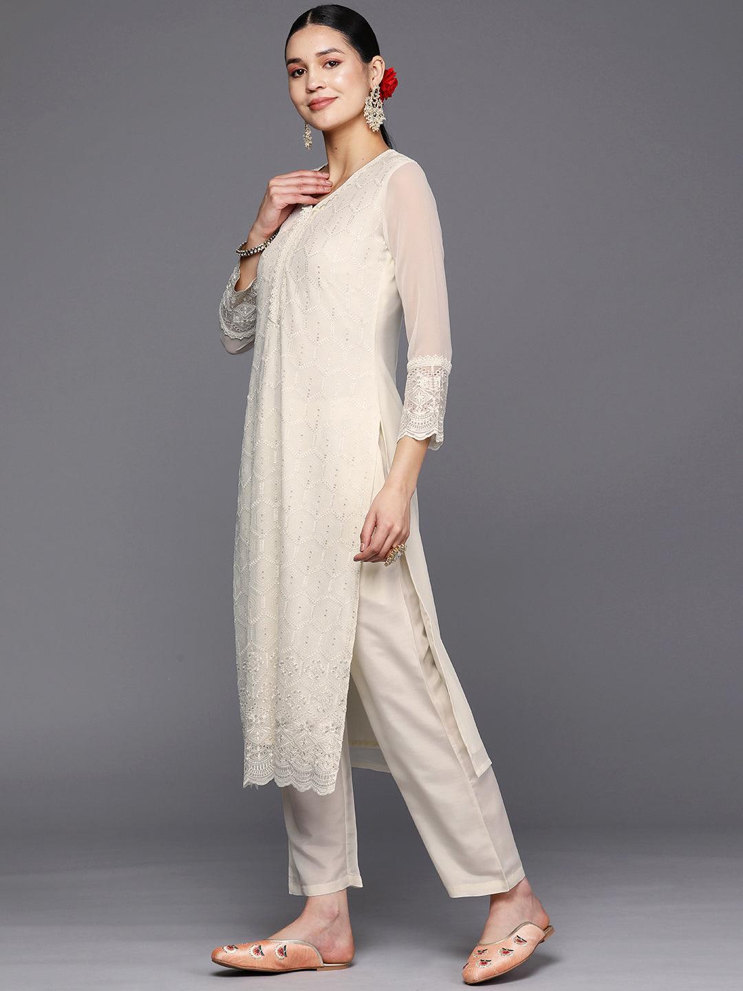 Off White Embroidered Georgette Straight Suit Set With Trousers - ShopLibas