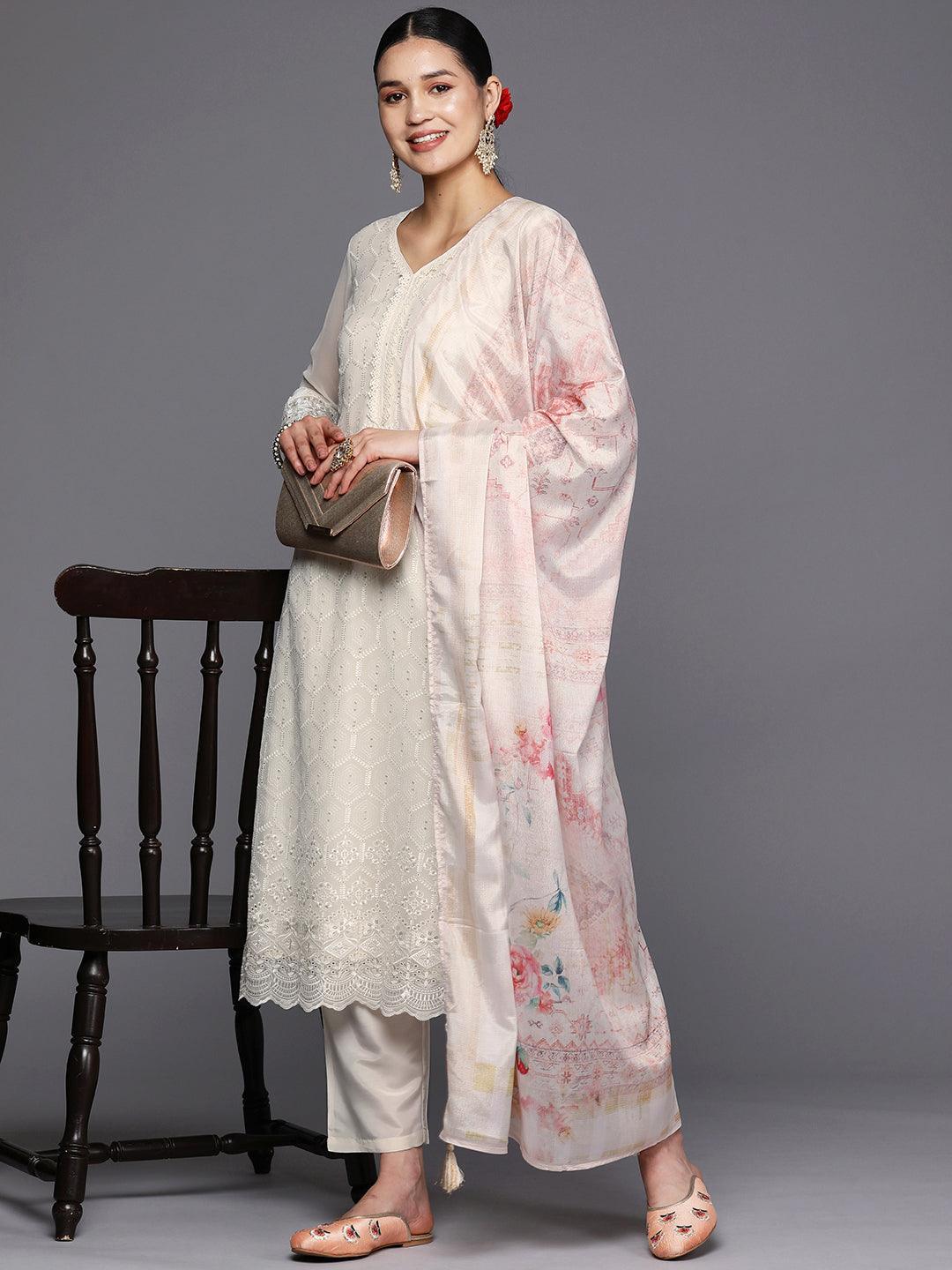 Off White Embroidered Georgette Straight Suit Set With Trousers - ShopLibas 