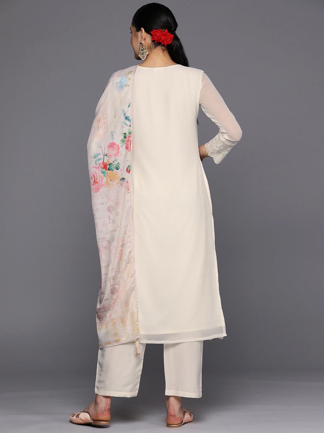 Off White Embroidered Georgette Straight Suit Set With Trousers - ShopLibas