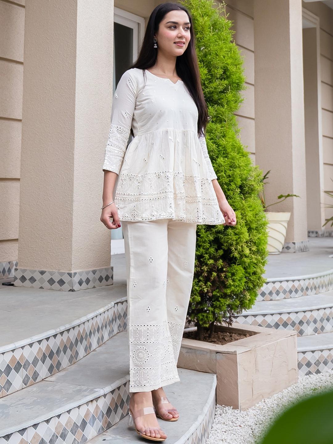 Off White Mirror-Work Cotton Kurta Set - ShopLibas