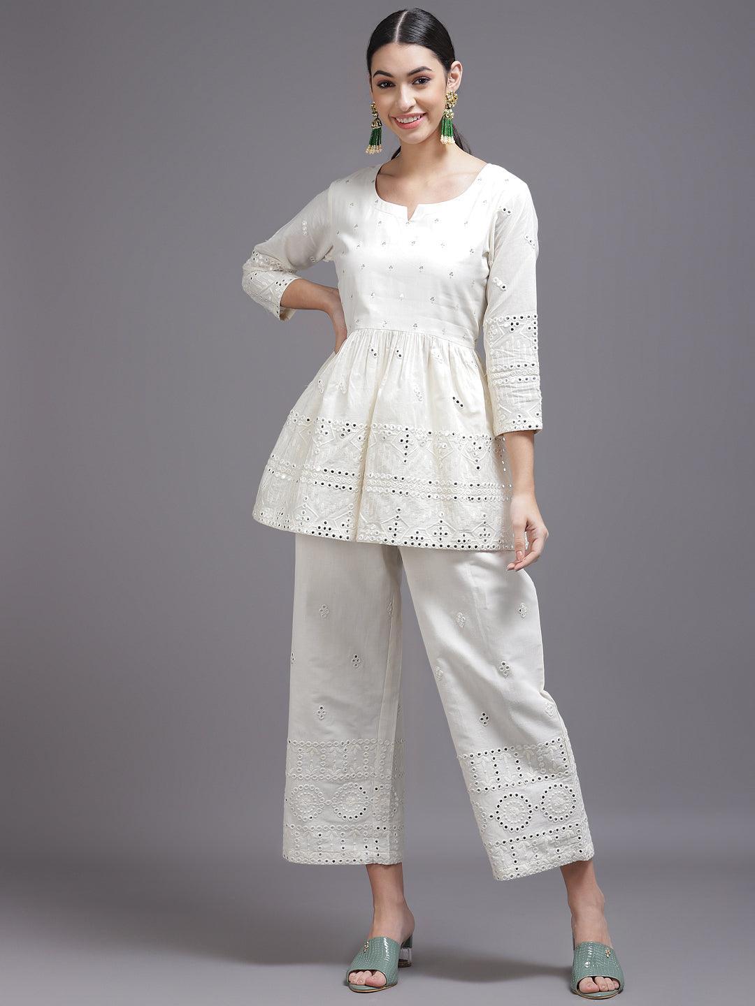 Off White Mirror-Work Cotton Kurta Set - ShopLibas 