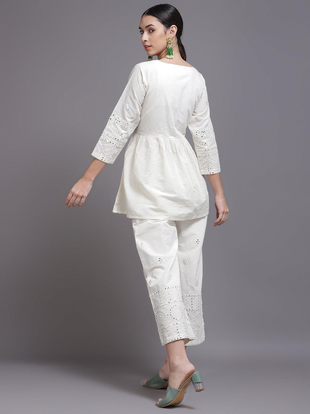 Off White Mirror-Work Cotton Kurta Set - ShopLibas 