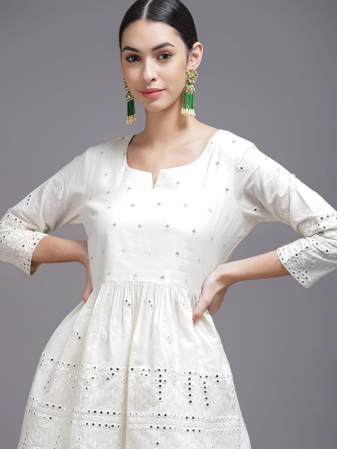 Off White Mirror-Work Cotton Kurta Set - ShopLibas 