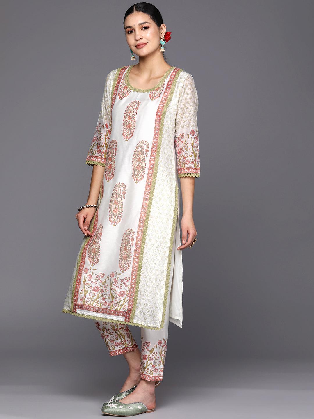 Off White Printed Chanderi Silk Straight Suit Set With Trousers - ShopLibas 