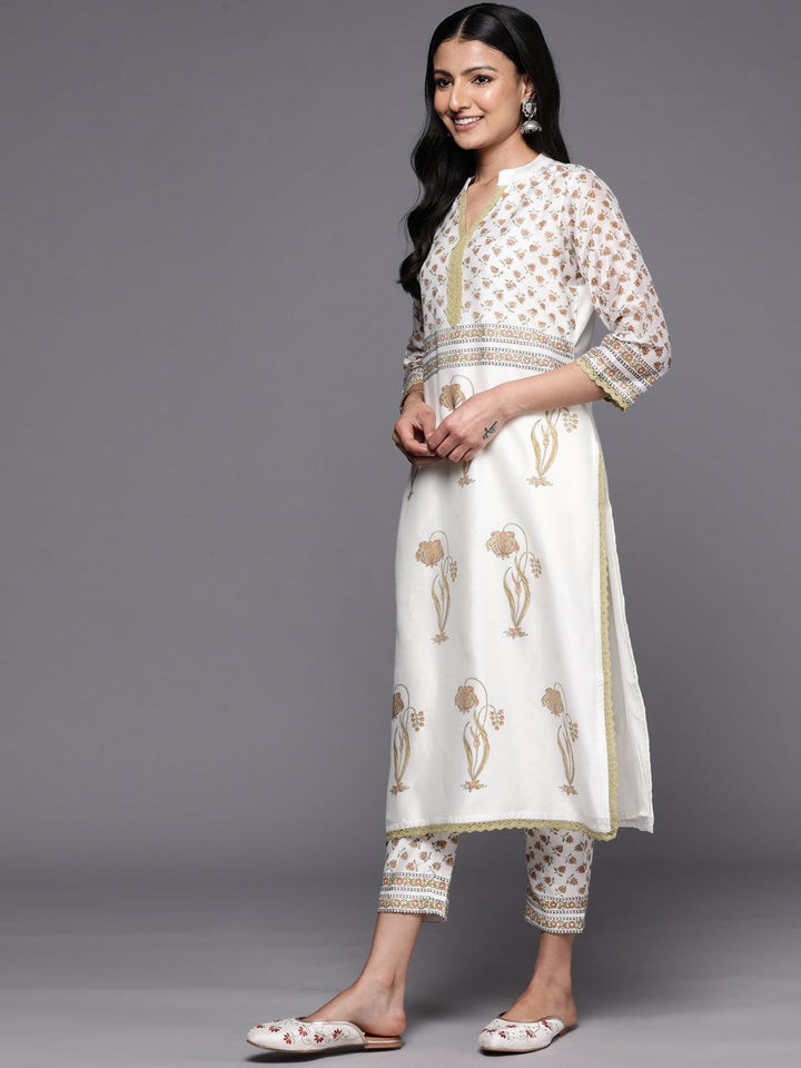Off White Printed Chanderi Silk Straight Suit Set With Trousers